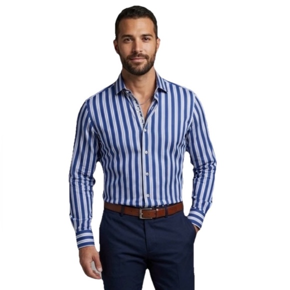 Bugatchi Other - Bugatchi Uomo Shaped Fit Blue & White Stripe Men’s Buttom Down Size Medium